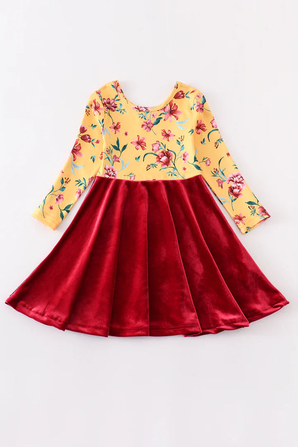 Maroon Velvet and Floral Twirl Dress
